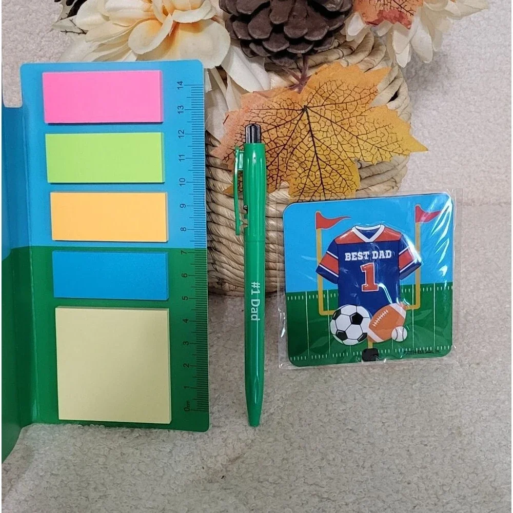 Best Dad Sports Theme 3pc Stationery Set (Sticky Notes, Pen, & Magnet) Brand New